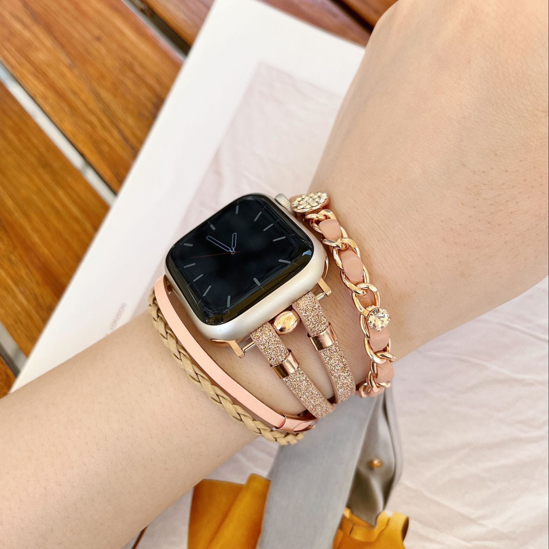 Apple Watch multi-strand bracelet, braided straps and interwoven chain, rhinestone medallions, for women, Wixe model