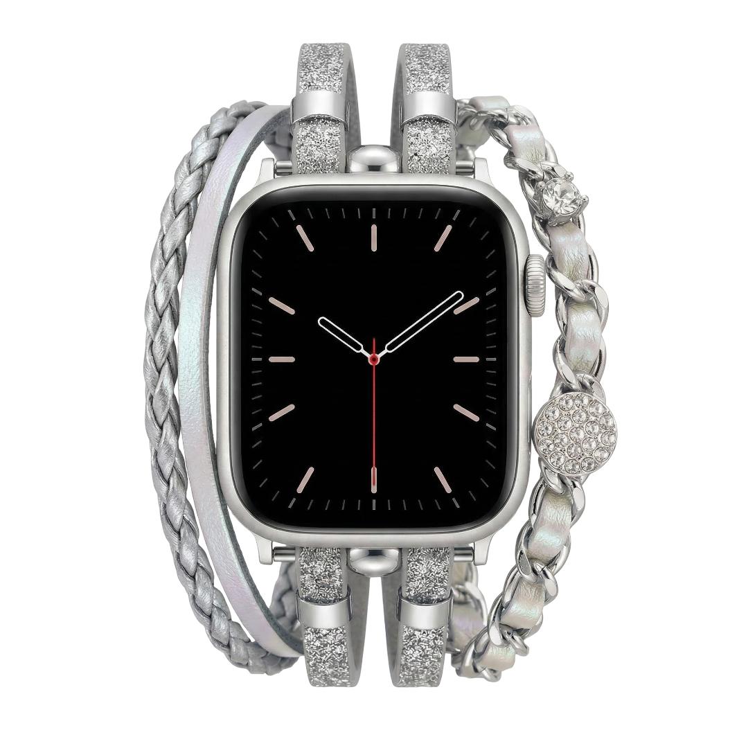 Apple Watch multi-strand bracelet, braided straps and interwoven chain, rhinestone medallions, for women, Wixe model