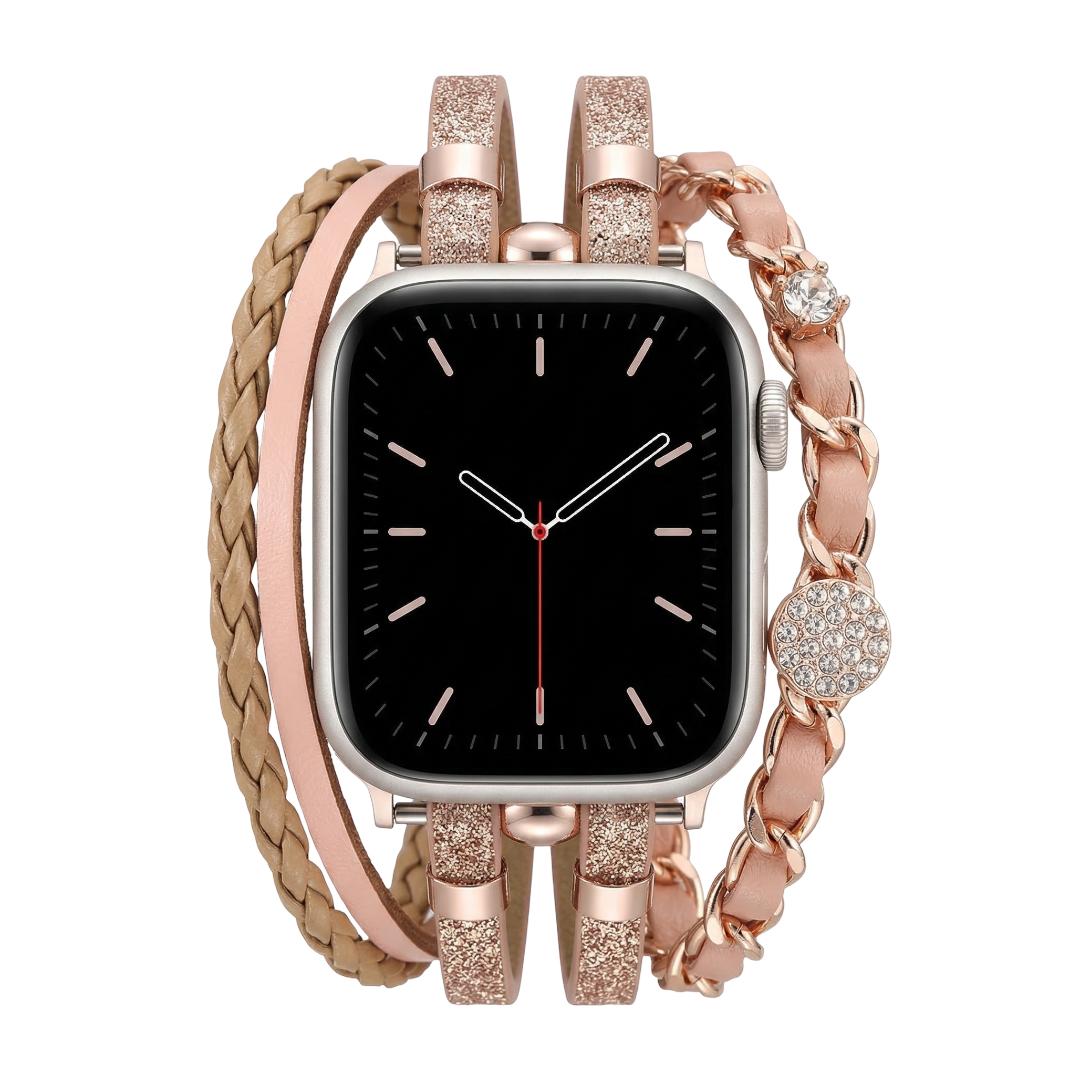 Apple Watch multi-strand bracelet, braided straps and interwoven chain, rhinestone medallions, for women, Wixe model