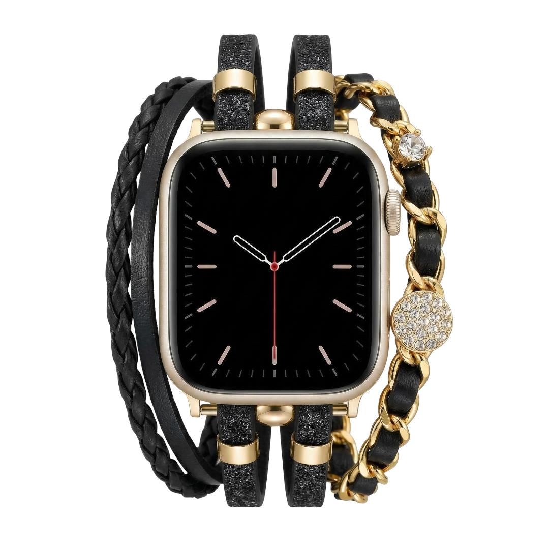 Apple Watch multi-strand bracelet, braided straps and interwoven chain, rhinestone medallions, for women, Wixe model
