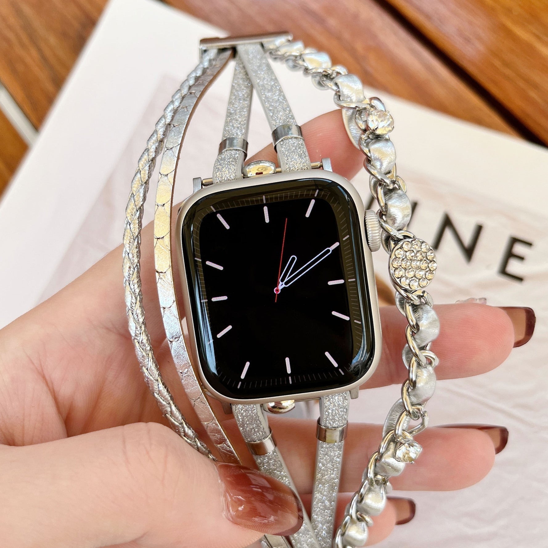 Apple Watch multi-strand bracelet, braided straps and interwoven chain, rhinestone medallions, for women, Wixe model