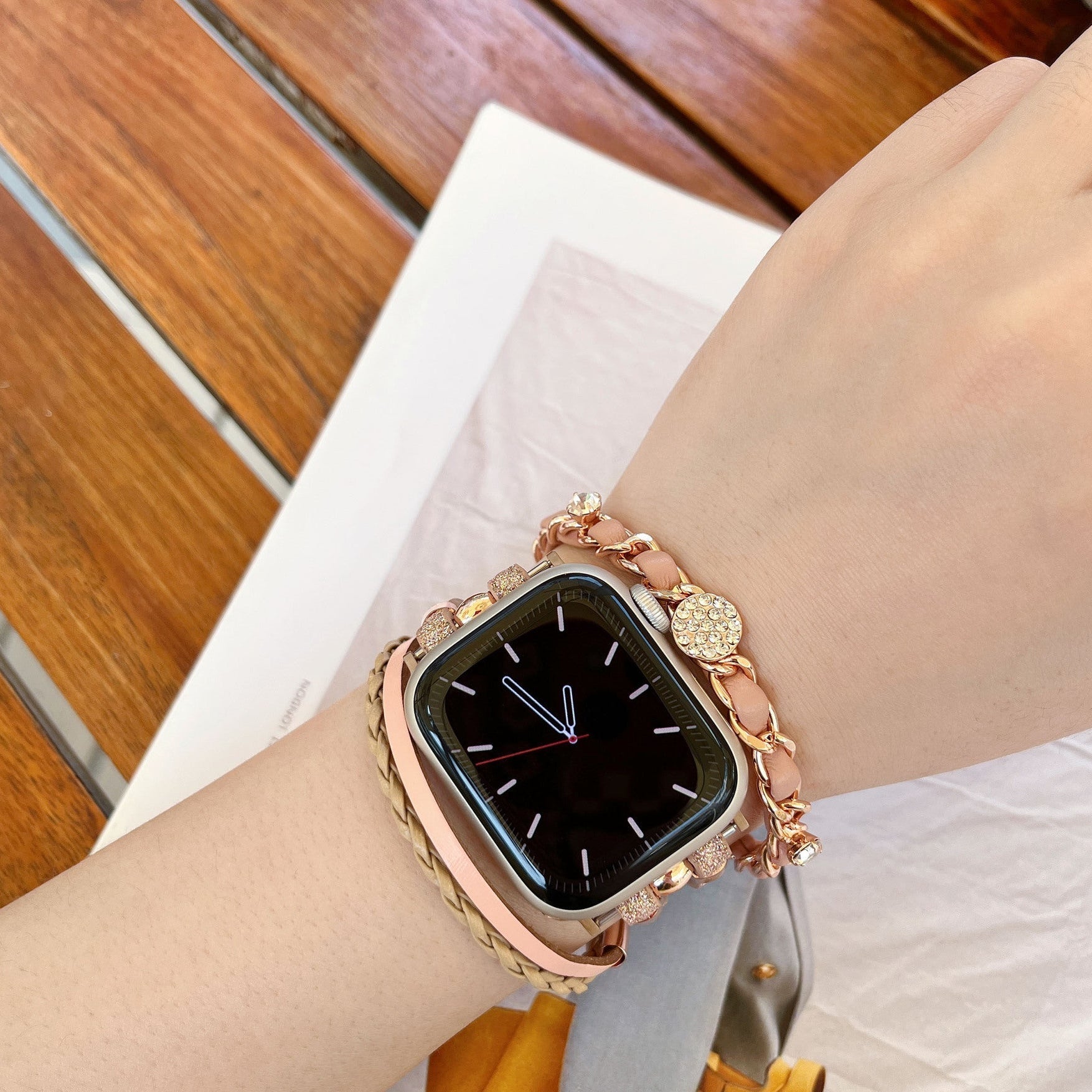 Apple Watch multi-strand bracelet, braided straps and interwoven chain, rhinestone medallions, for women, Wixe model