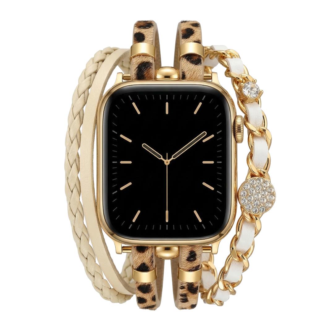 Apple Watch multi-strand bracelet, braided straps and interwoven chain, rhinestone medallions, for women, Wixe model