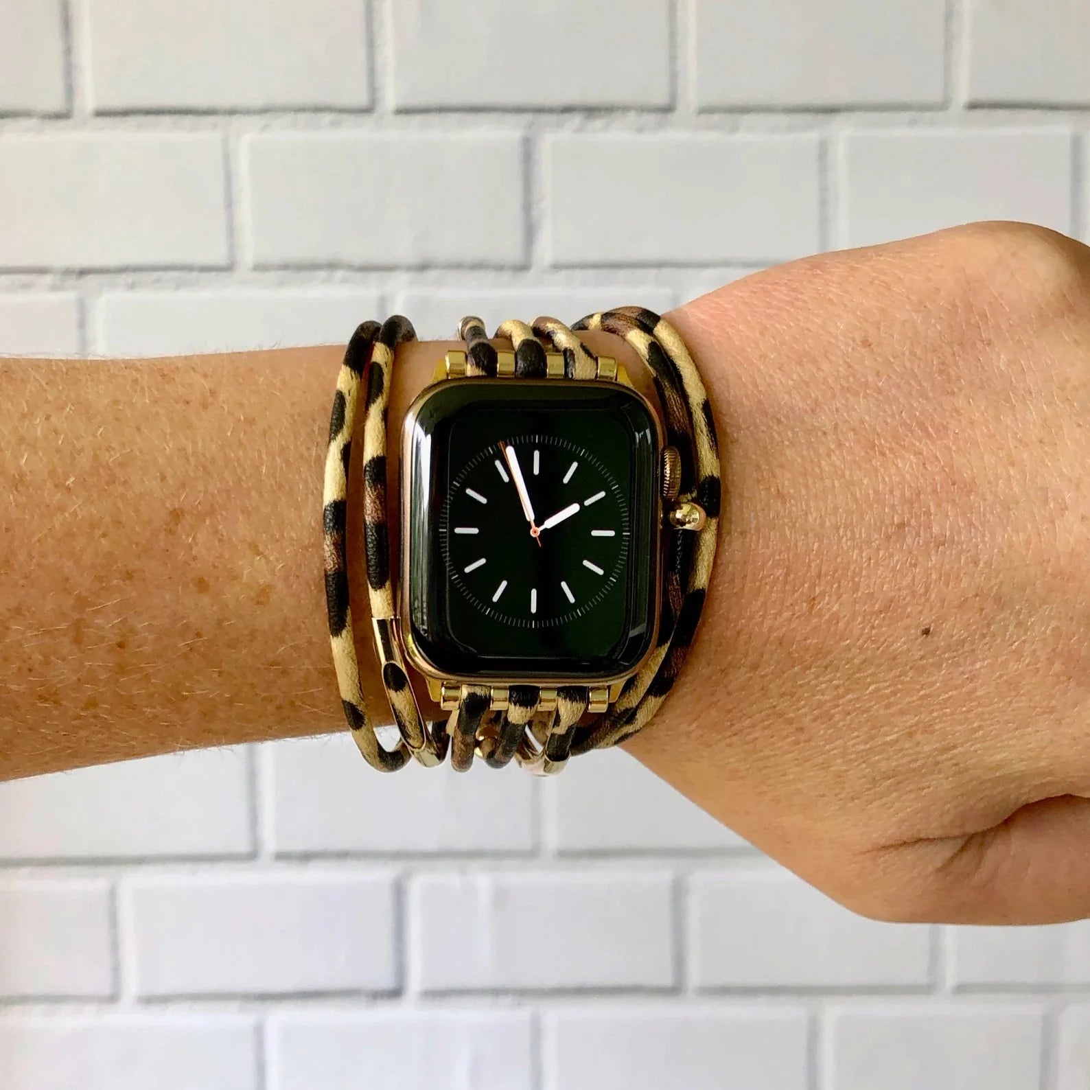 Apple Watch Leopard Watch Bracelet, Soft Faux Leather and Gold Metal, Adjustable Women's Fashion Accessory, Sabor Model