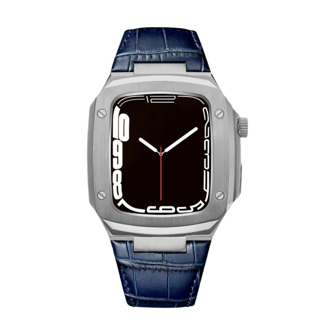 Leather watch bracelet with integrated case, compatible with Apple Watch, modern armor design, pin buckle, Castillon model