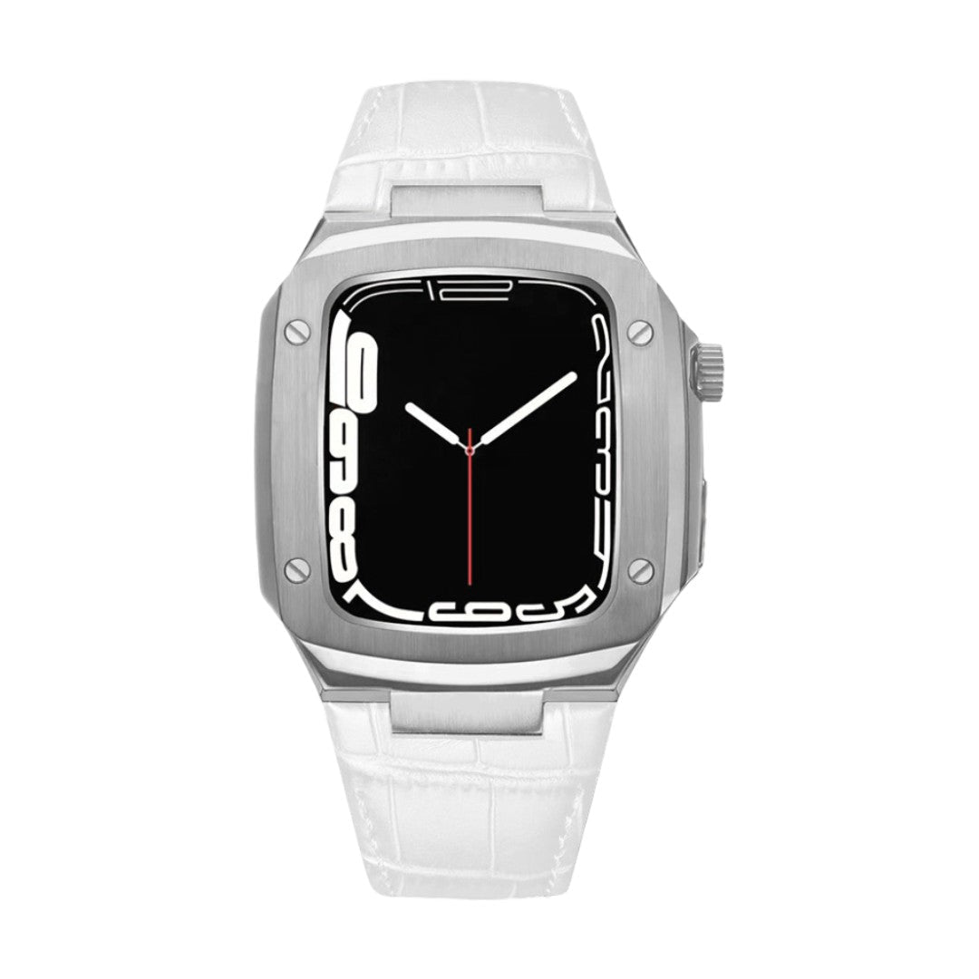 Leather watch bracelet with integrated case, compatible with Apple Watch, modern armor design, pin buckle, Castillon model