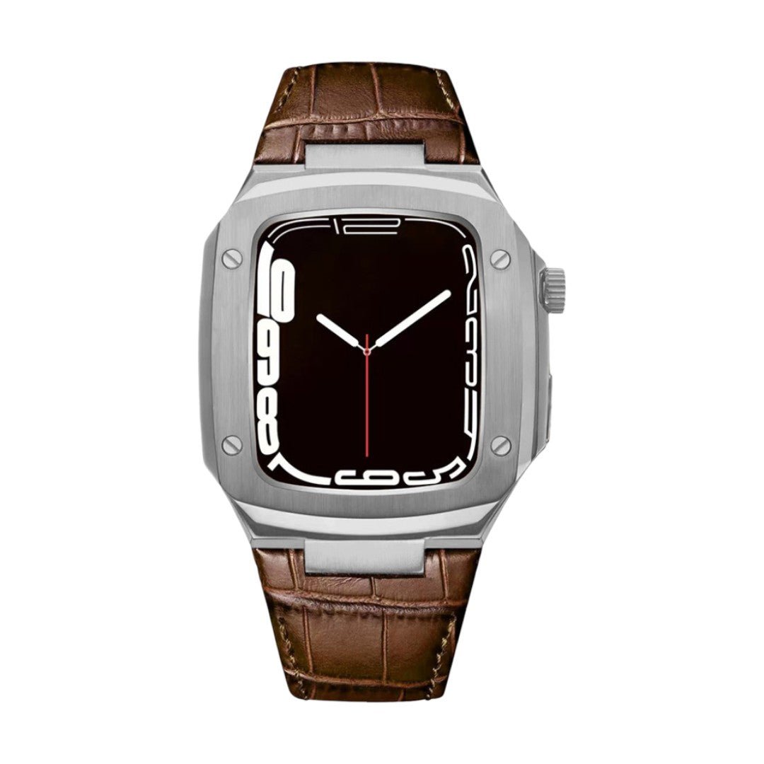 Leather watch bracelet with integrated case, compatible with Apple Watch, modern armor design, pin buckle, Castillon model