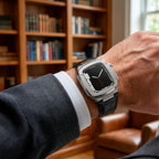 Leather watch bracelet with integrated case, compatible with Apple Watch, modern armor design, pin buckle, Castillon model