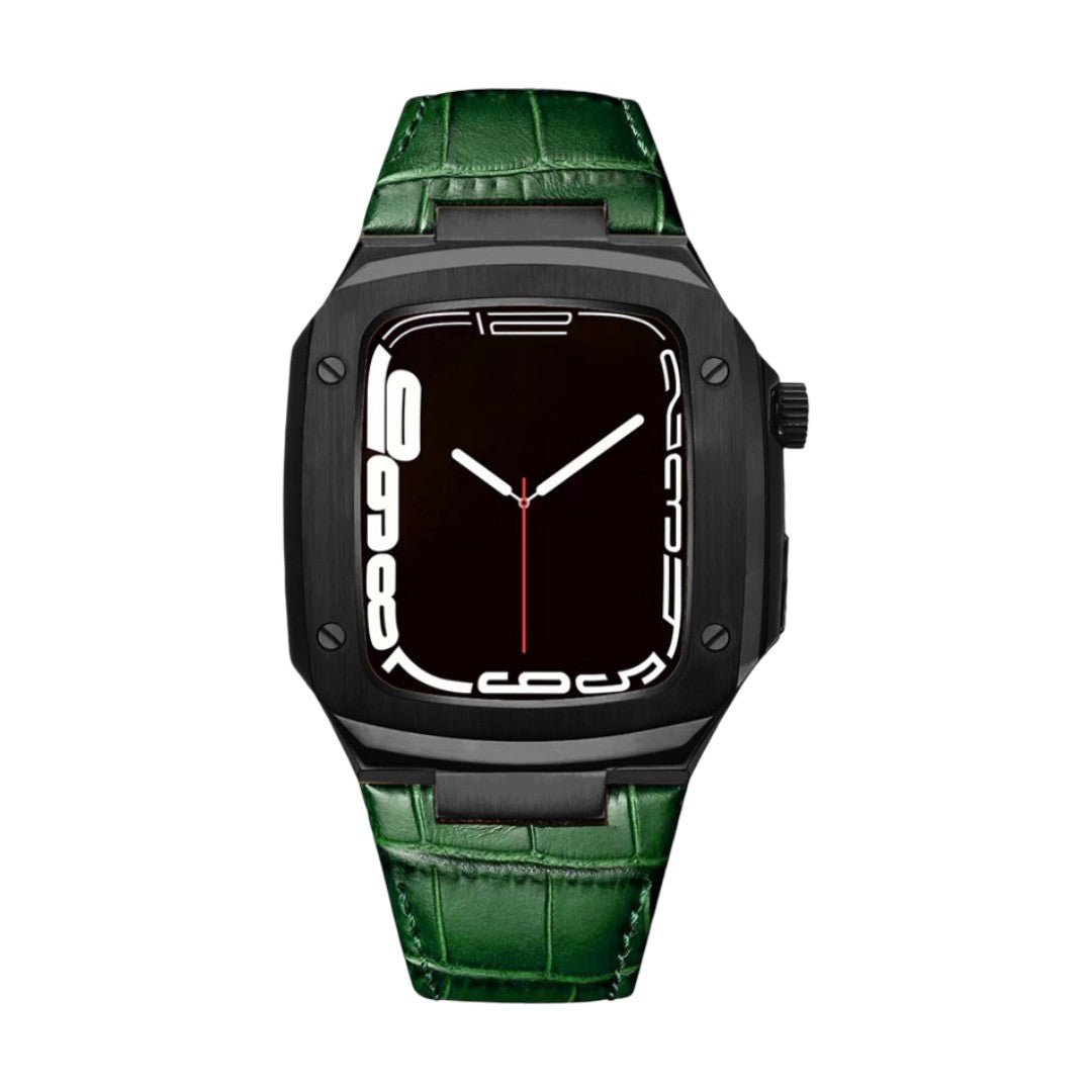 Leather watch bracelet with integrated case, compatible with Apple Watch, modern armor design, pin buckle, Castillon model