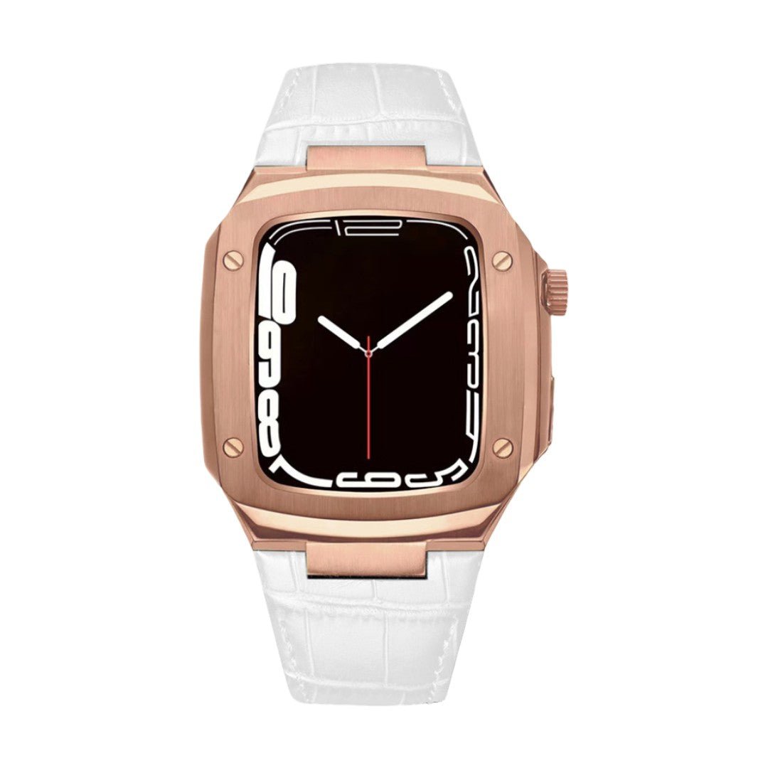 Leather watch bracelet with integrated case, compatible with Apple Watch, modern armor design, pin buckle, Castillon model