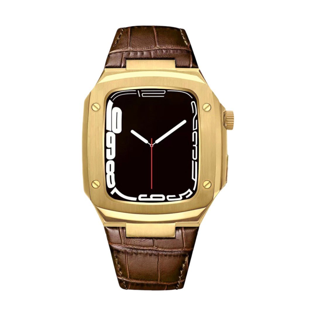 Leather watch bracelet with integrated case, compatible with Apple Watch, modern armor design, pin buckle, Castillon model