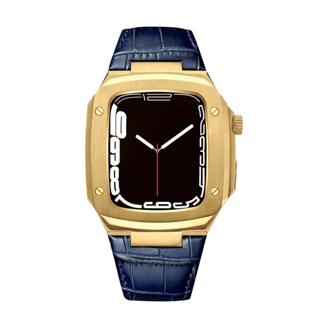 Leather watch bracelet with integrated case, compatible with Apple Watch, modern armor design, pin buckle, Castillon model