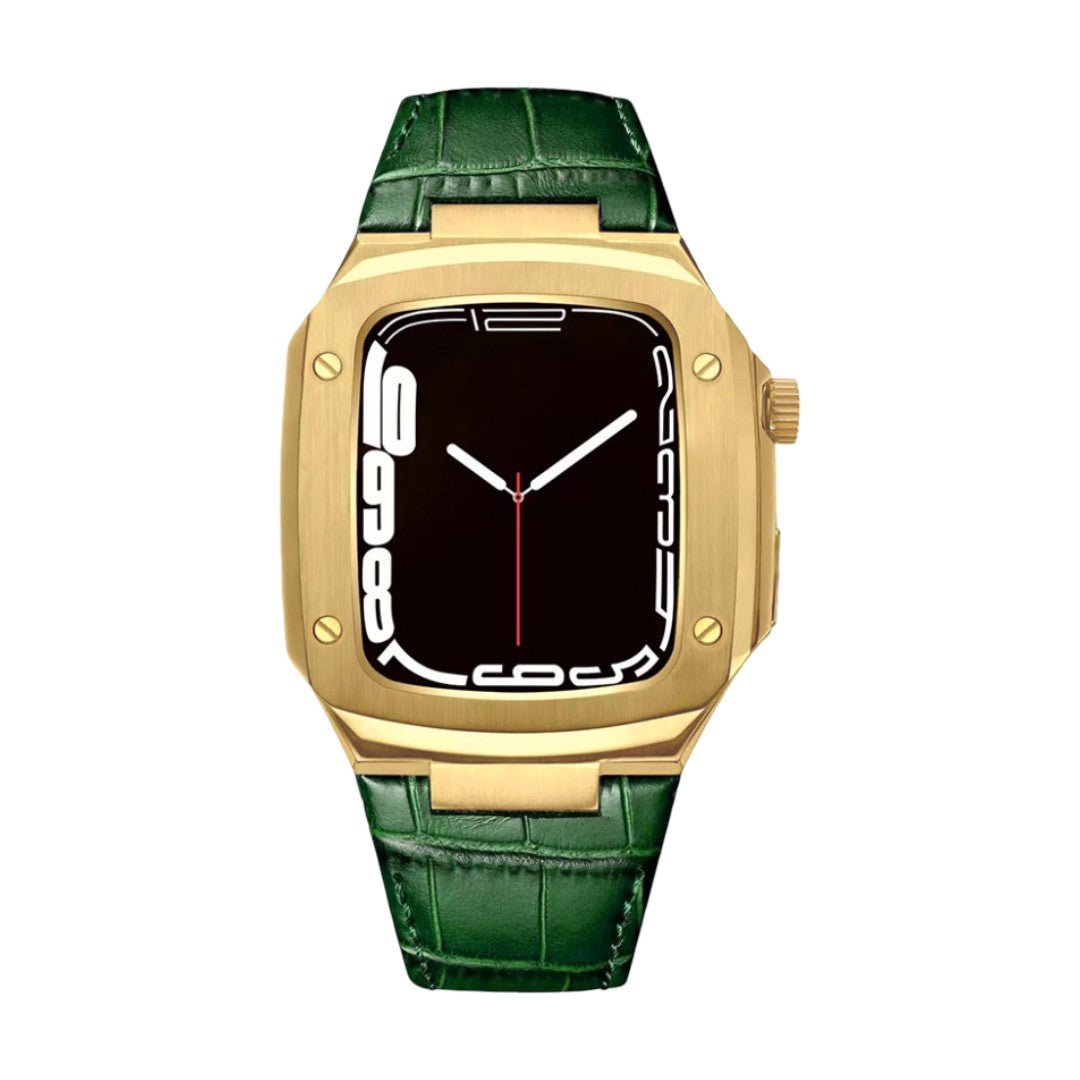 Leather watch bracelet with integrated case, compatible with Apple Watch, modern armor design, pin buckle, Castillon model