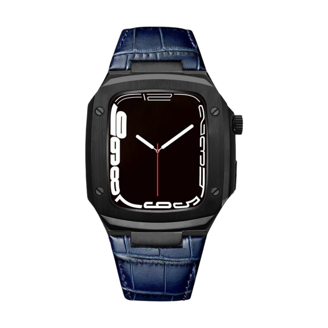 Leather watch bracelet with integrated case, compatible with Apple Watch, modern armor design, pin buckle, Castillon model