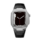 Leather watch bracelet with integrated case, compatible with Apple Watch, modern armor design, pin buckle, Castillon model
