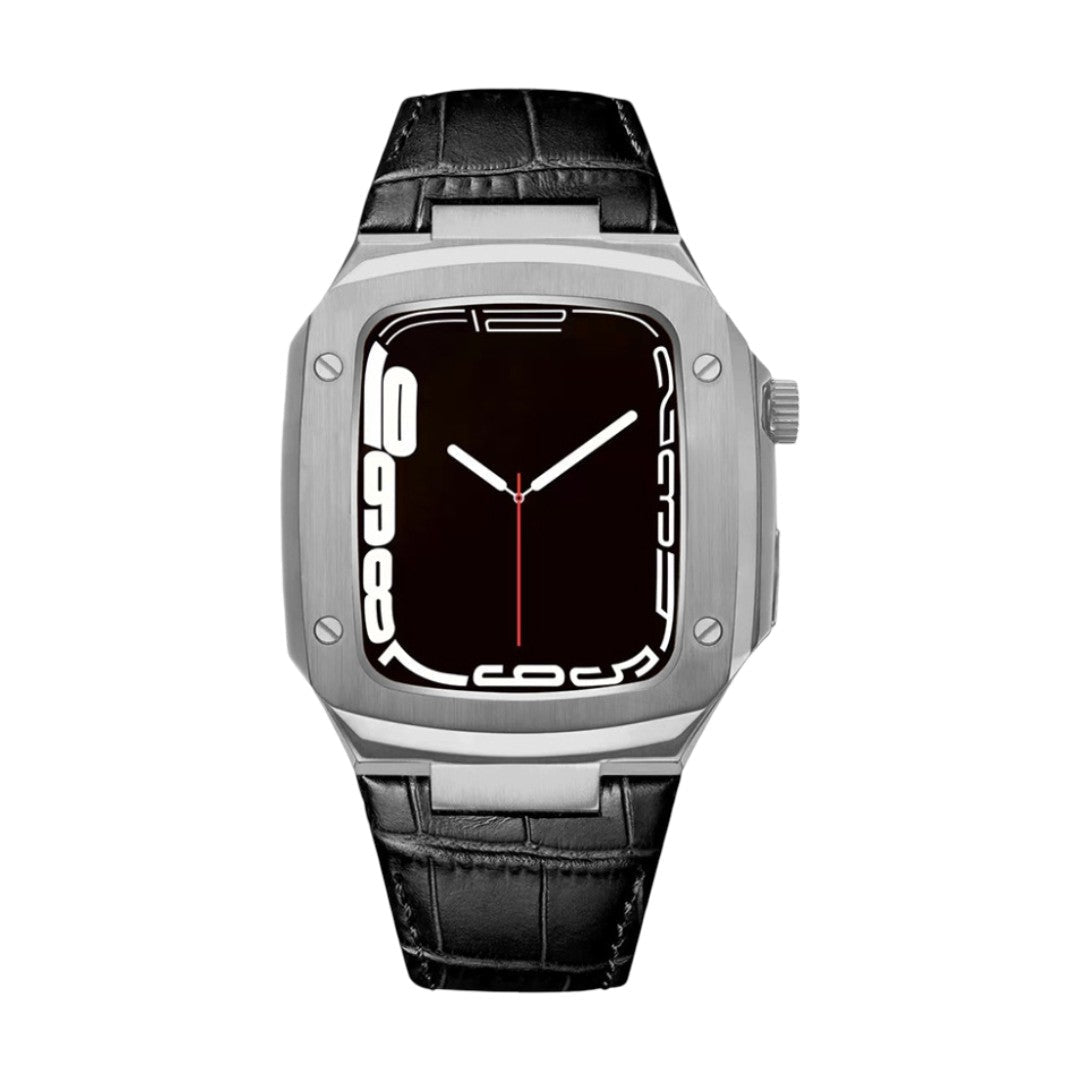 Leather watch bracelet with integrated case, compatible with Apple Watch, modern armor design, pin buckle, Castillon model
