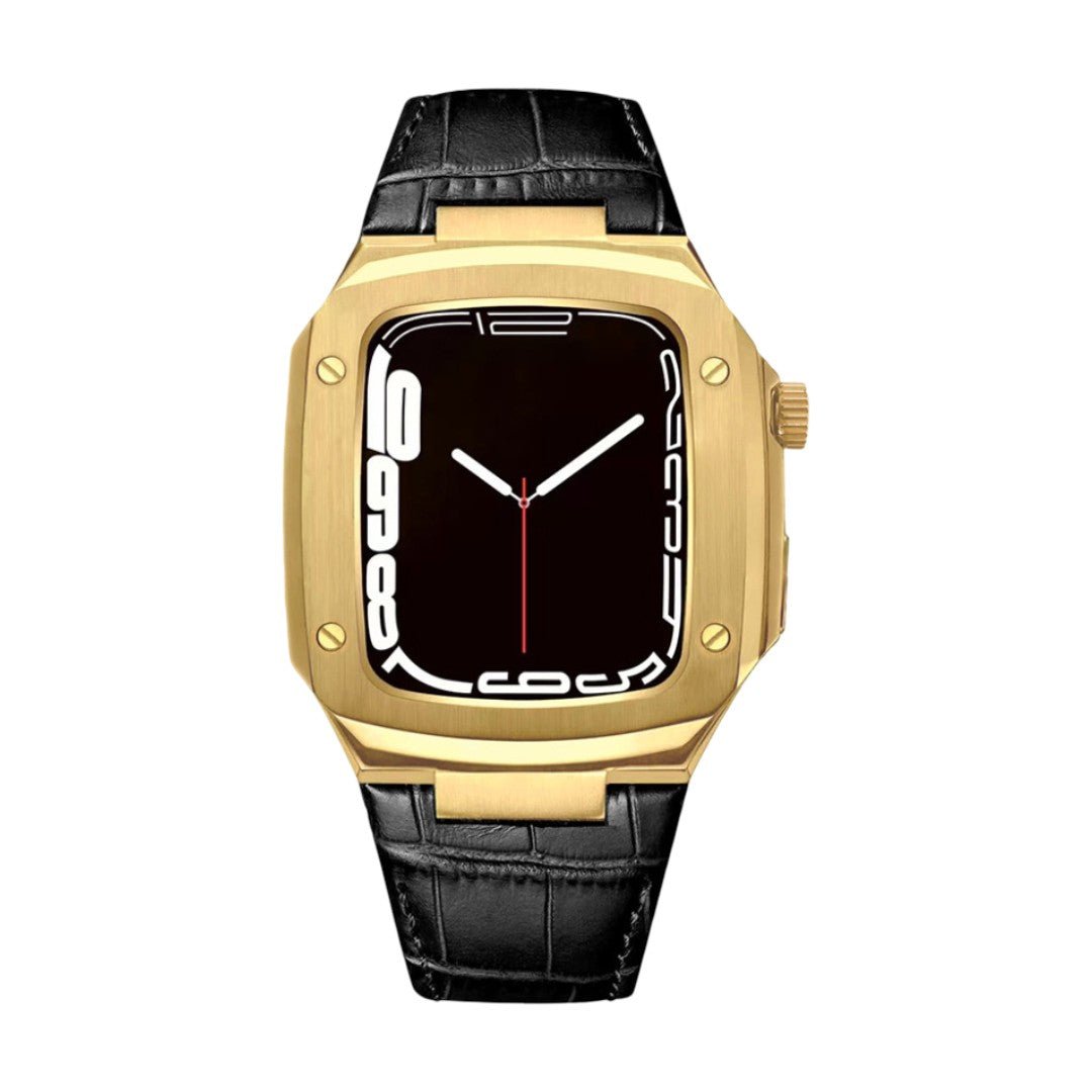 Leather watch bracelet with integrated case, compatible with Apple Watch, modern armor design, pin buckle, Castillon model