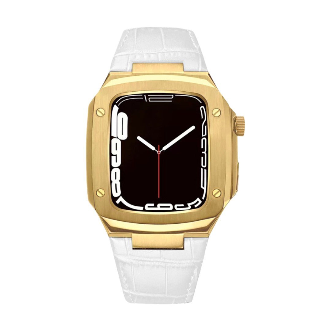 Leather watch bracelet with integrated case, compatible with Apple Watch, modern armor design, pin buckle, Castillon model