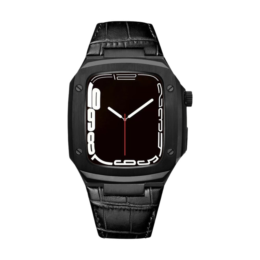 Leather watch bracelet with integrated case, compatible with Apple Watch, modern armor design, pin buckle, Castillon model
