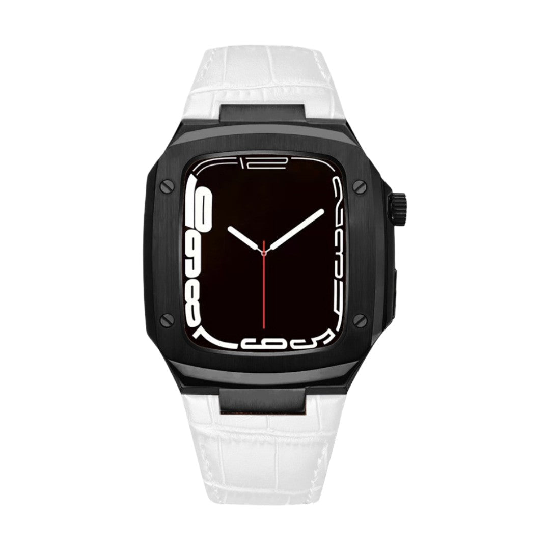 Leather watch bracelet with integrated case, compatible with Apple Watch, modern armor design, pin buckle, Castillon model