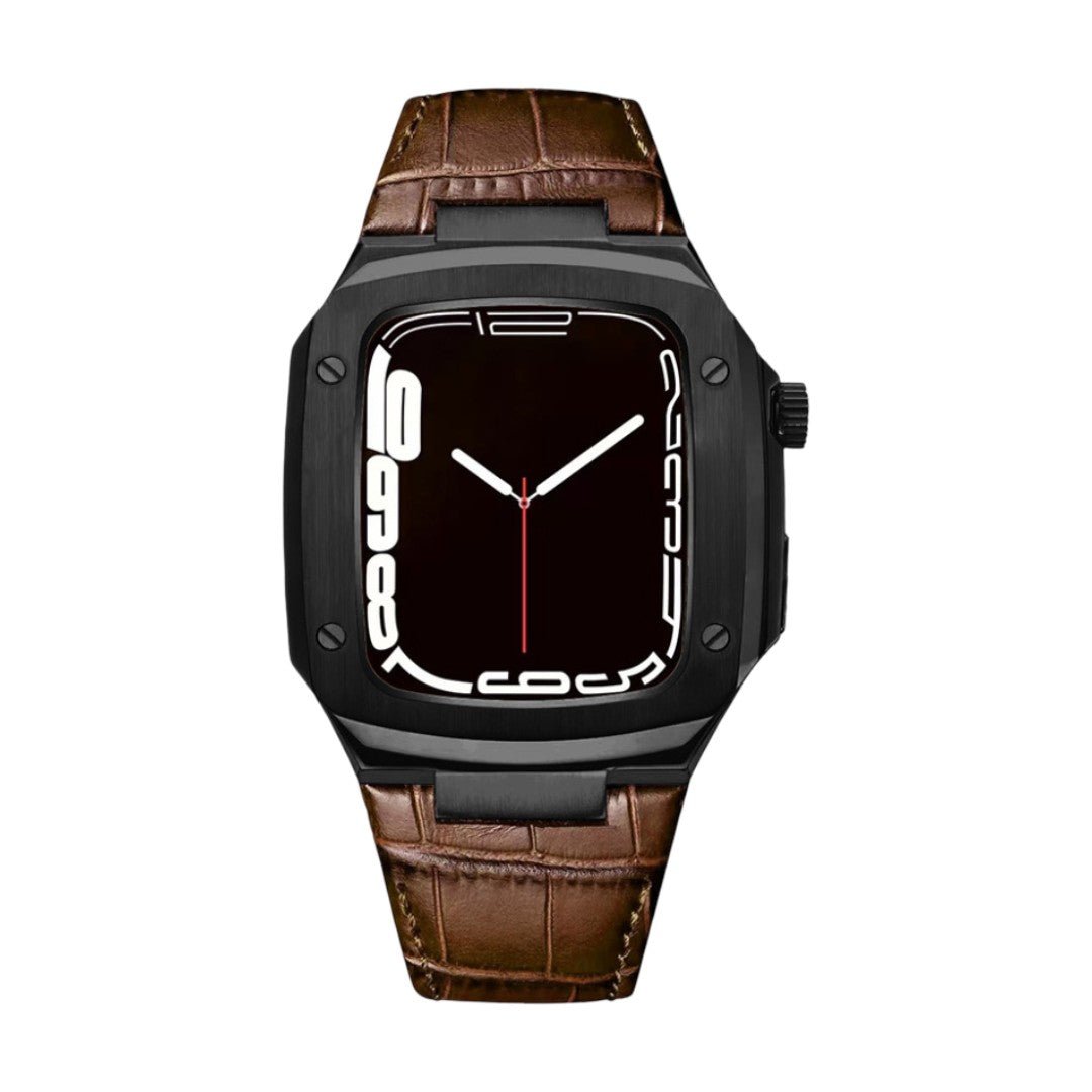 Leather watch bracelet with integrated case, compatible with Apple Watch, modern armor design, pin buckle, Castillon model