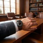 Leather watch bracelet with integrated case, compatible with Apple Watch, modern armor design, pin buckle, Castillon model