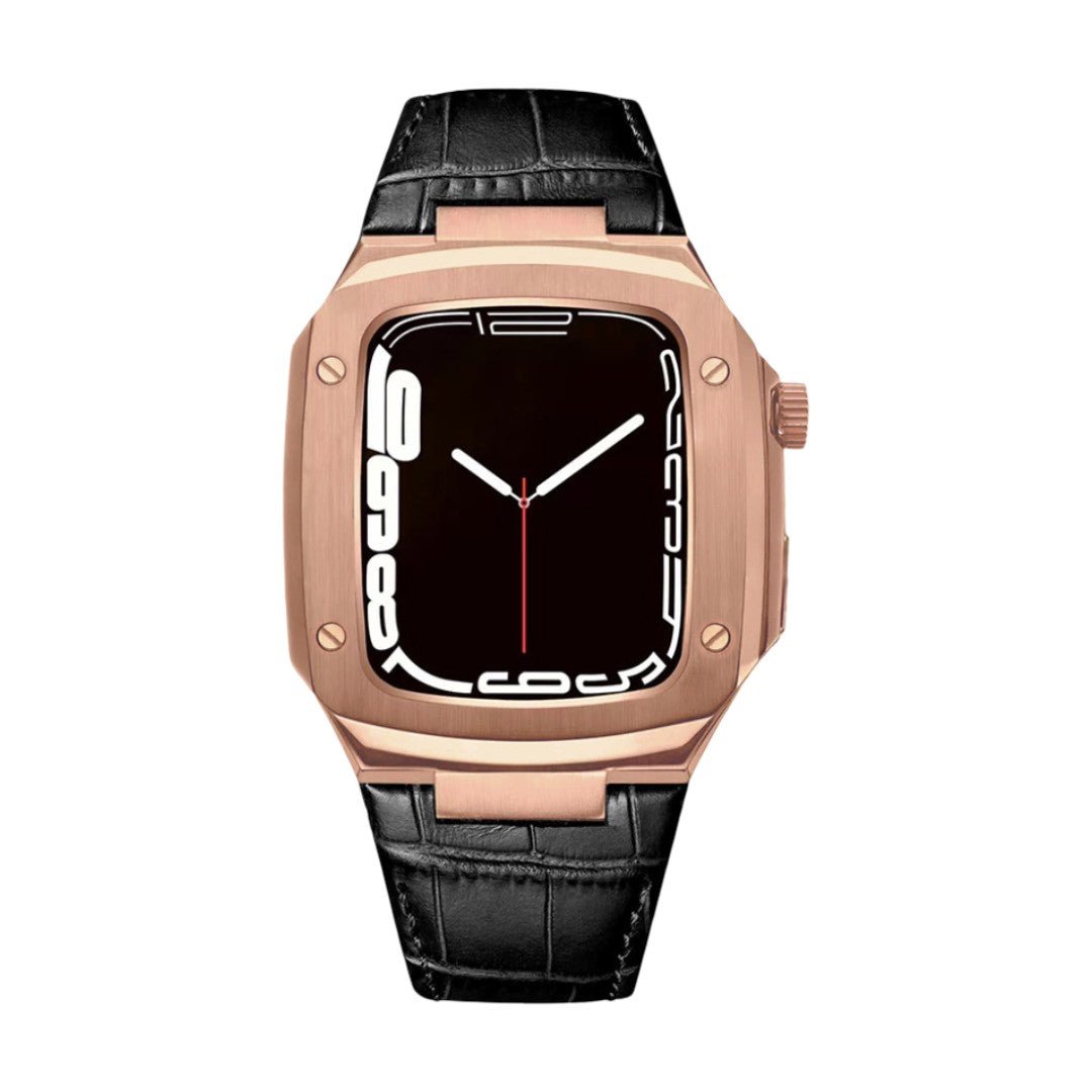 Leather watch bracelet with integrated case, compatible with Apple Watch, modern armor design, pin buckle, Castillon model