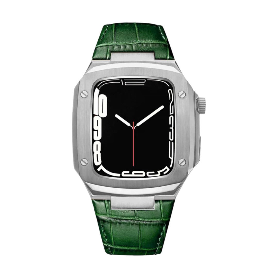 Leather watch bracelet with integrated case, compatible with Apple Watch, modern armor design, pin buckle, Castillon model