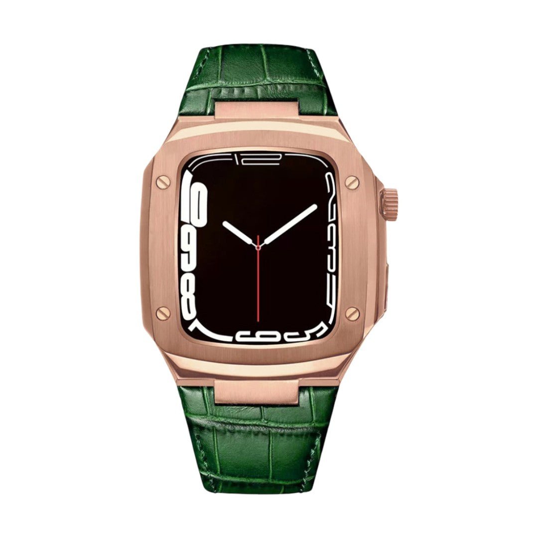 Leather watch bracelet with integrated case, compatible with Apple Watch, modern armor design, pin buckle, Castillon model
