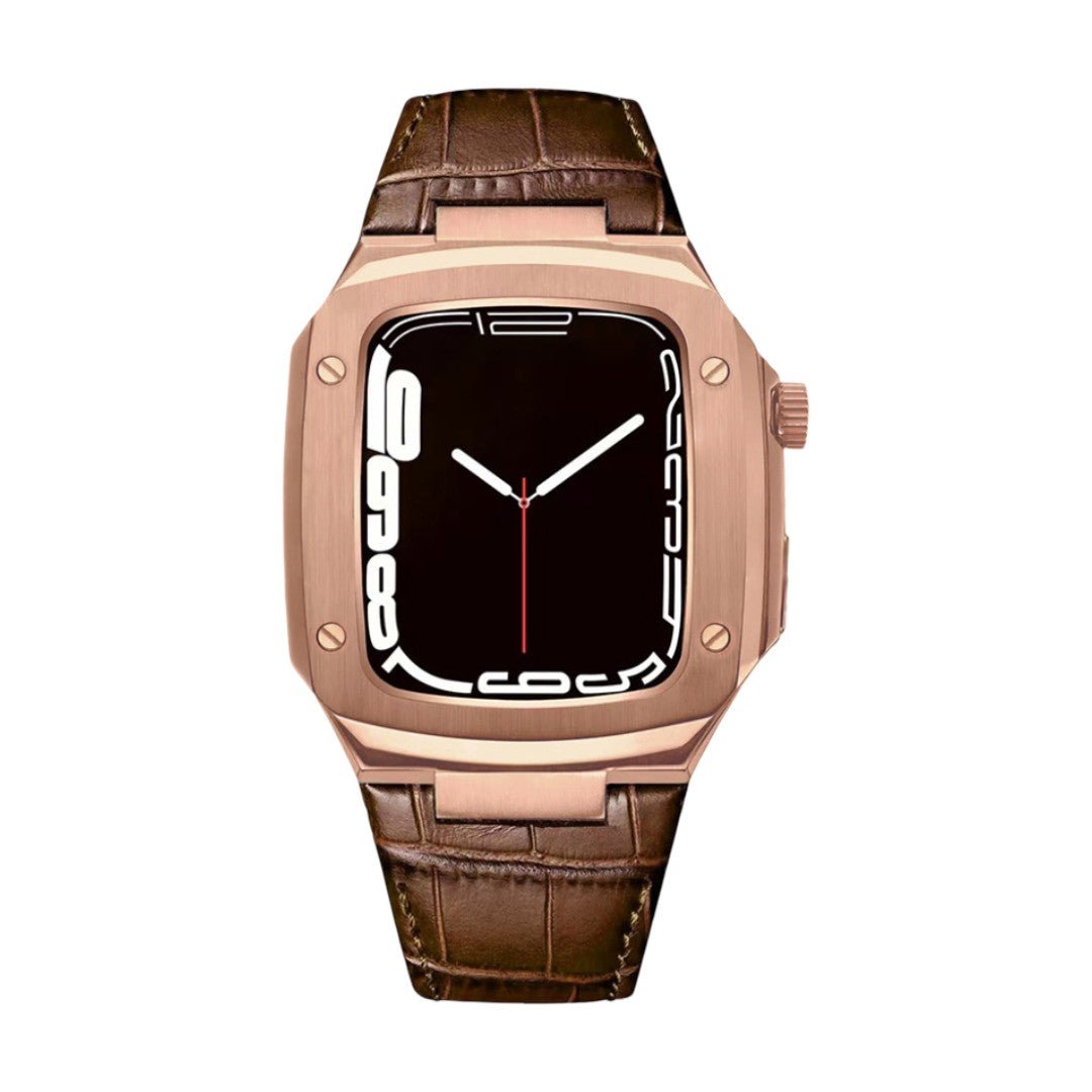Leather watch bracelet with integrated case, compatible with Apple Watch, modern armor design, pin buckle, Castillon model