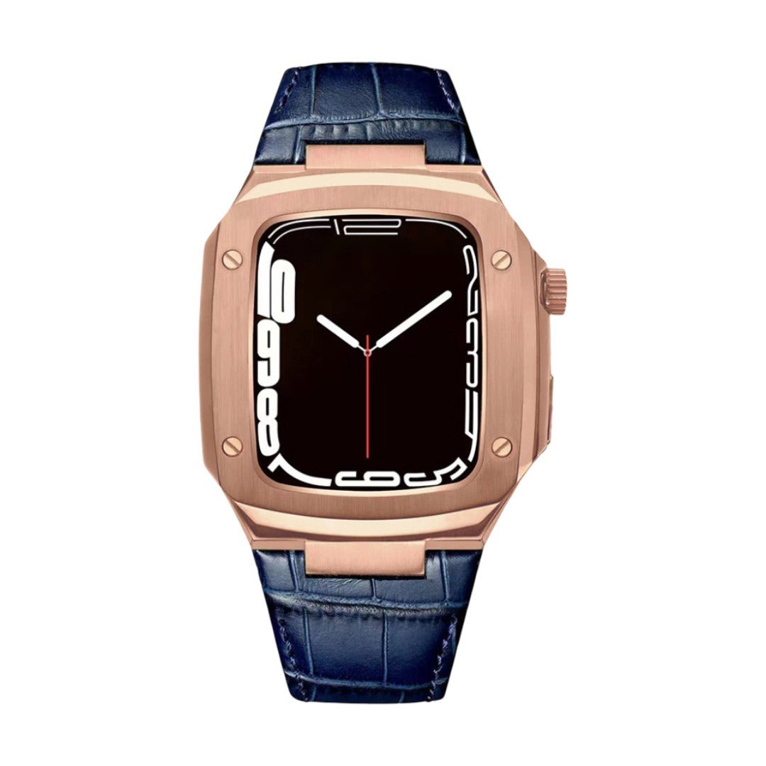 Leather watch bracelet with integrated case, compatible with Apple Watch, modern armor design, pin buckle, Castillon model