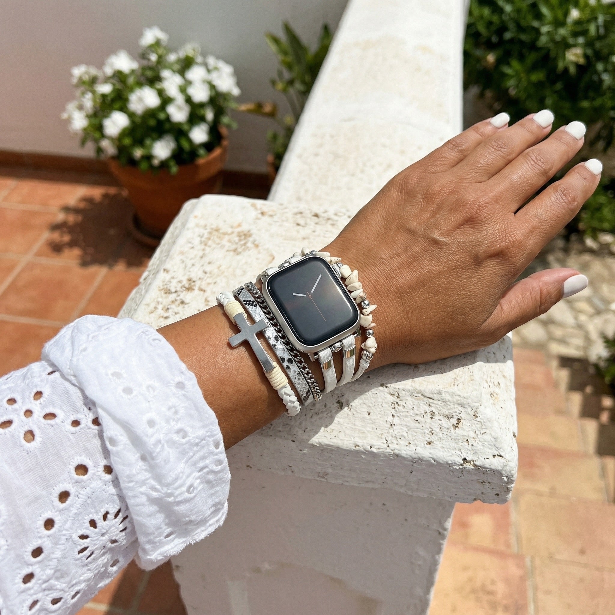 Multi-Strand Bracelet for Apple Watch, Leather, Natural Stone Beads, Christian Cross, Stainless Steel Chain, Removable Link Clasp, Laytone Model