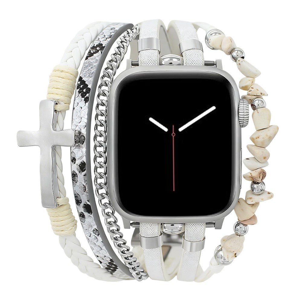 Multi-Strand Bracelet for Apple Watch, Leather, Natural Stone Beads, Christian Cross, Stainless Steel Chain, Removable Link Clasp, Laytone Model