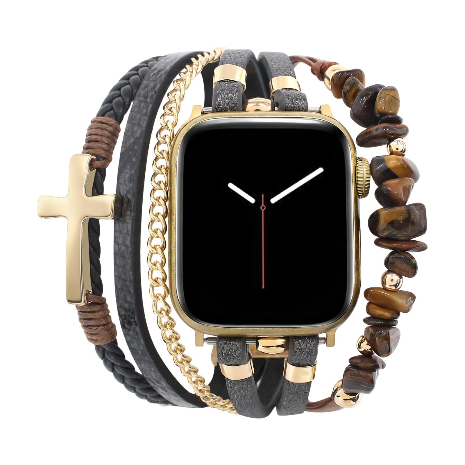 Multi-Strand Bracelet for Apple Watch, Leather, Natural Stone Beads, Christian Cross, Stainless Steel Chain, Removable Link Clasp, Laytone Model