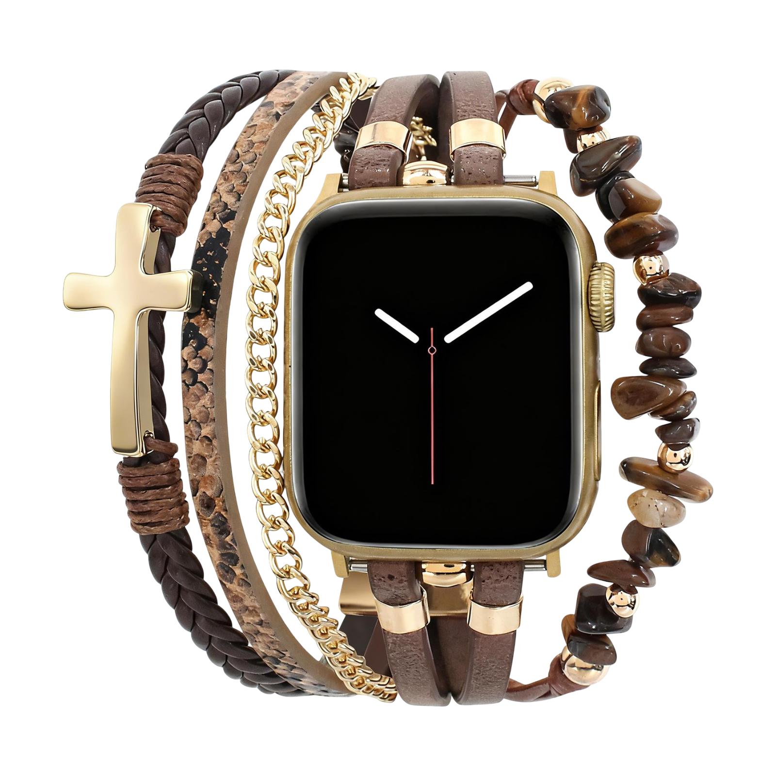 Multi-Strand Bracelet for Apple Watch, Leather, Natural Stone Beads, Christian Cross, Stainless Steel Chain, Removable Link Clasp, Laytone Model