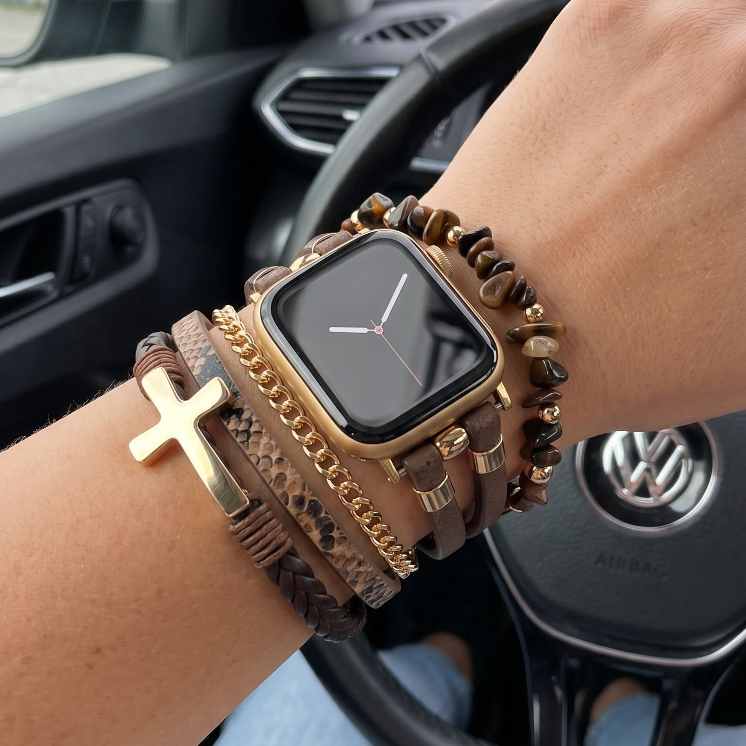 Multi-Strand Bracelet for Apple Watch, Leather, Natural Stone Beads, Christian Cross, Stainless Steel Chain, Removable Link Clasp, Laytone Model