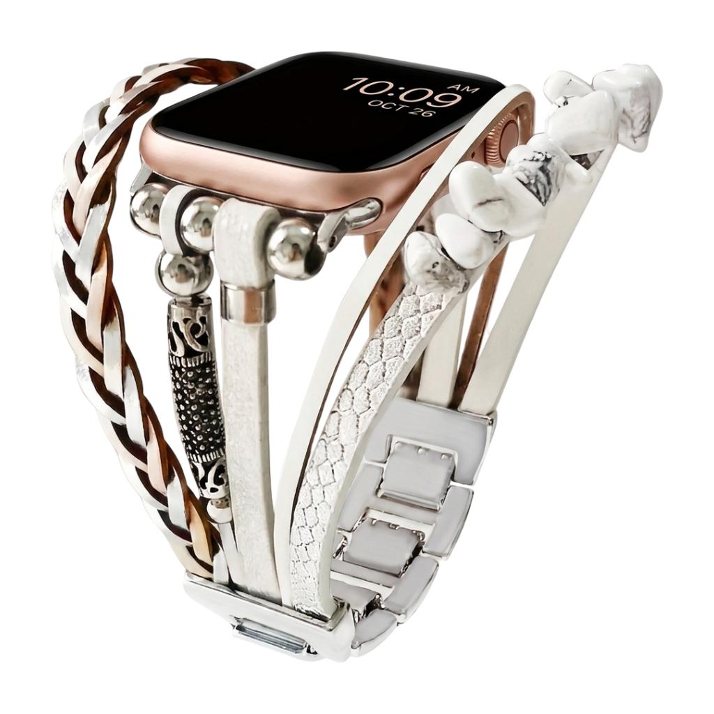 Multi-strand bracelet for smartwatches, decorated with crushed stone ornaments, multi-strand braided straps, tool-free adjustable links, Treska model
