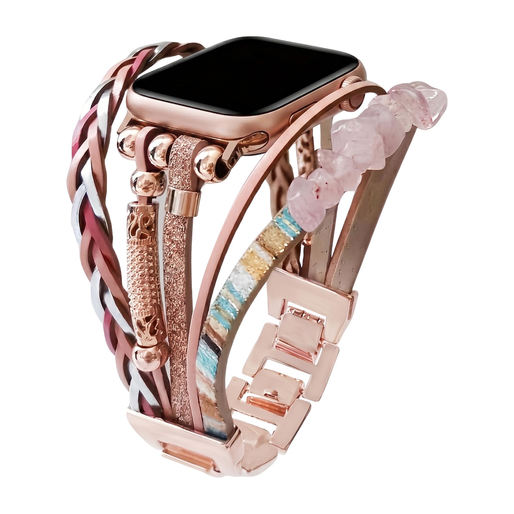 Multi-strand bracelet for smartwatches, decorated with crushed stone ornaments, multi-strand braided straps, tool-free adjustable links, Treska model