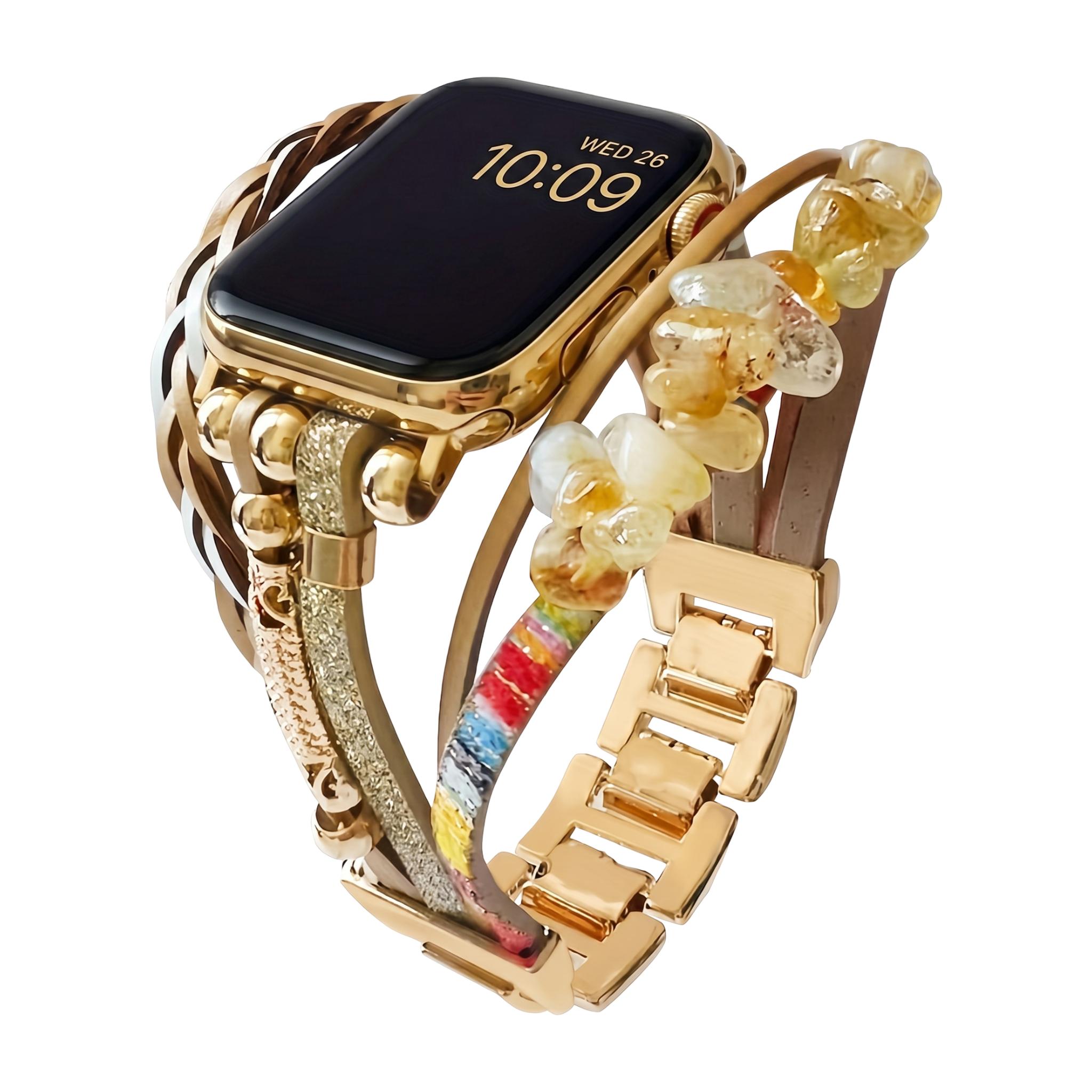 Multi-strand bracelet for smartwatches, decorated with crushed stone ornaments, multi-strand braided straps, tool-free adjustable links, Treska model