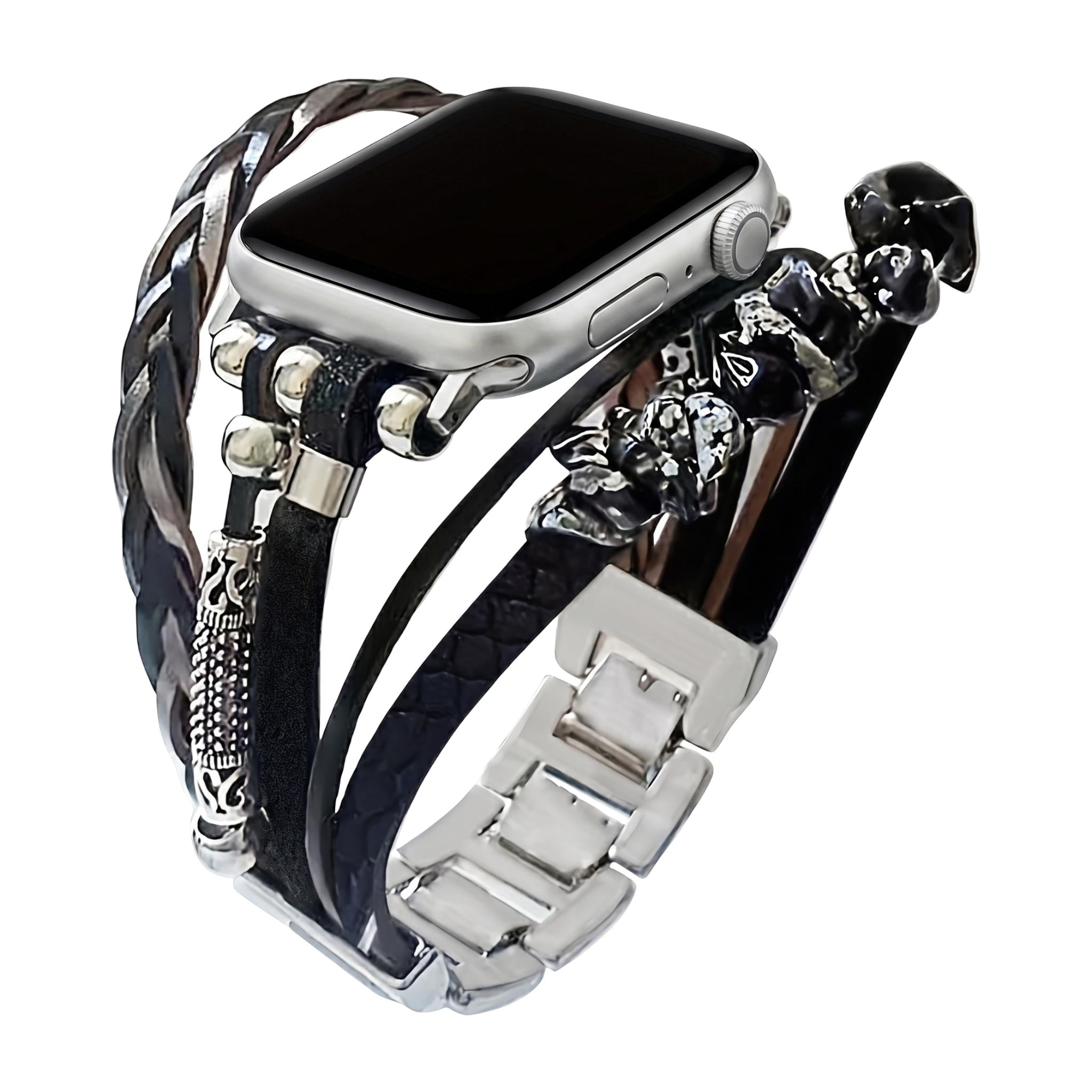 Multi-strand bracelet for smartwatches, decorated with crushed stone ornaments, multi-strand braided straps, tool-free adjustable links, Treska model