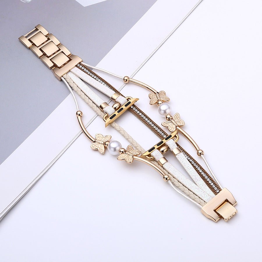 Multi-strand bracelet for Apple Watch, butterfly motif and beads, gold or silver finish, Amonita model
