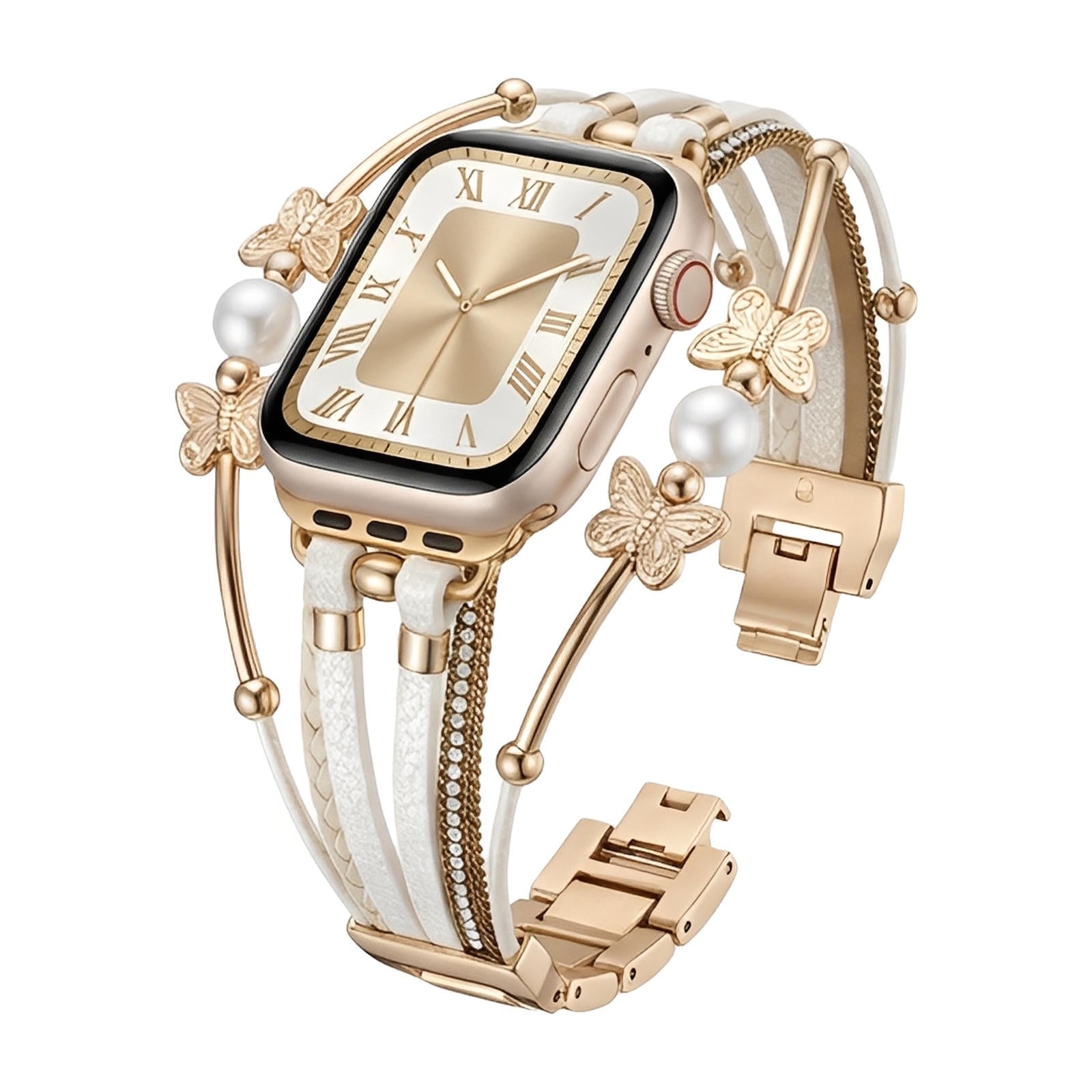 Multi-strand bracelet for Apple Watch, butterfly motif and beads, gold or silver finish, Amonita model