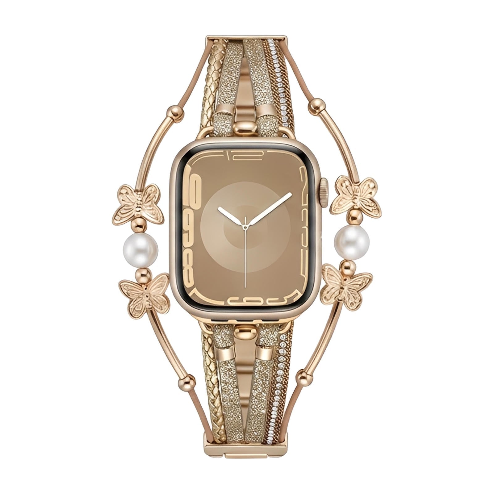 Multi-strand bracelet for Apple Watch, butterfly motif and beads, gold or silver finish, Amonita model