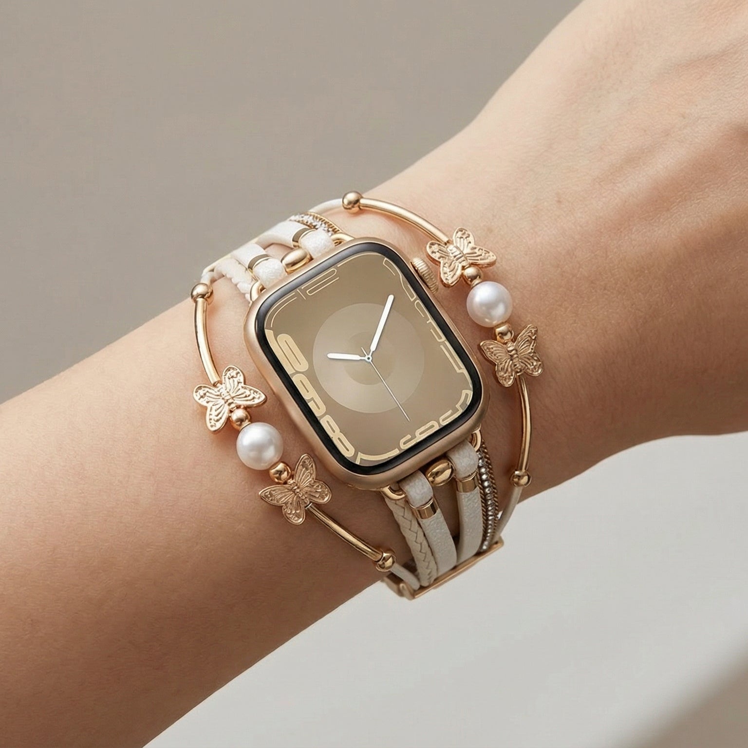 Multi-strand bracelet for Apple Watch, butterfly motif and beads, gold or silver finish, Amonita model