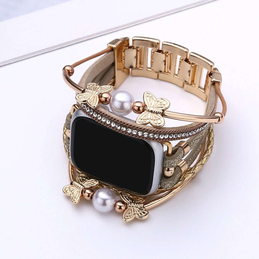 Multi-strand bracelet for Apple Watch, butterfly motif and beads, gold or silver finish, Amonita model