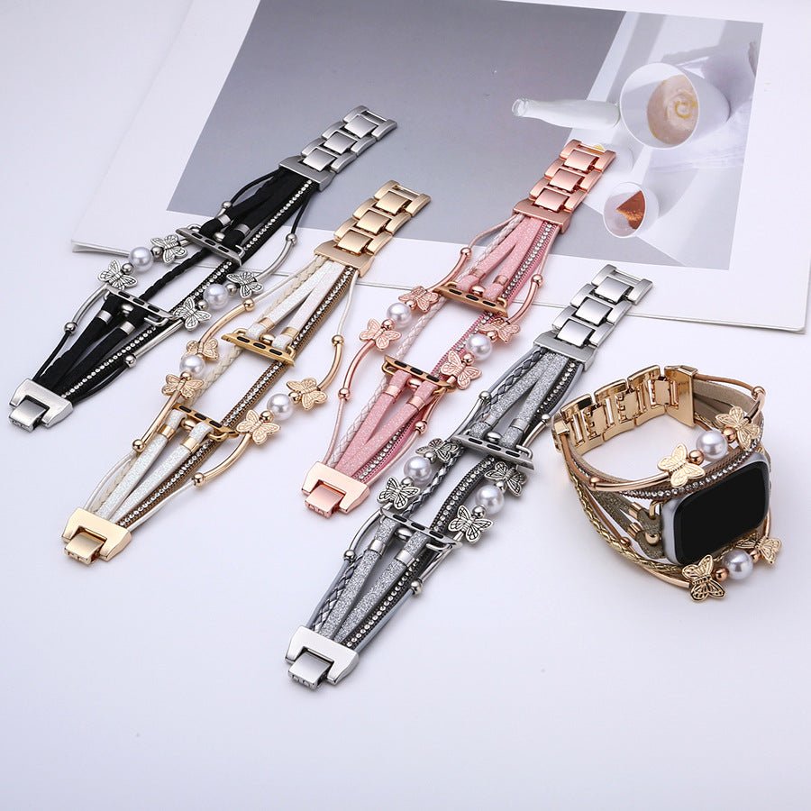 Multi-strand bracelet for Apple Watch, butterfly motif and beads, gold or silver finish, Amonita model