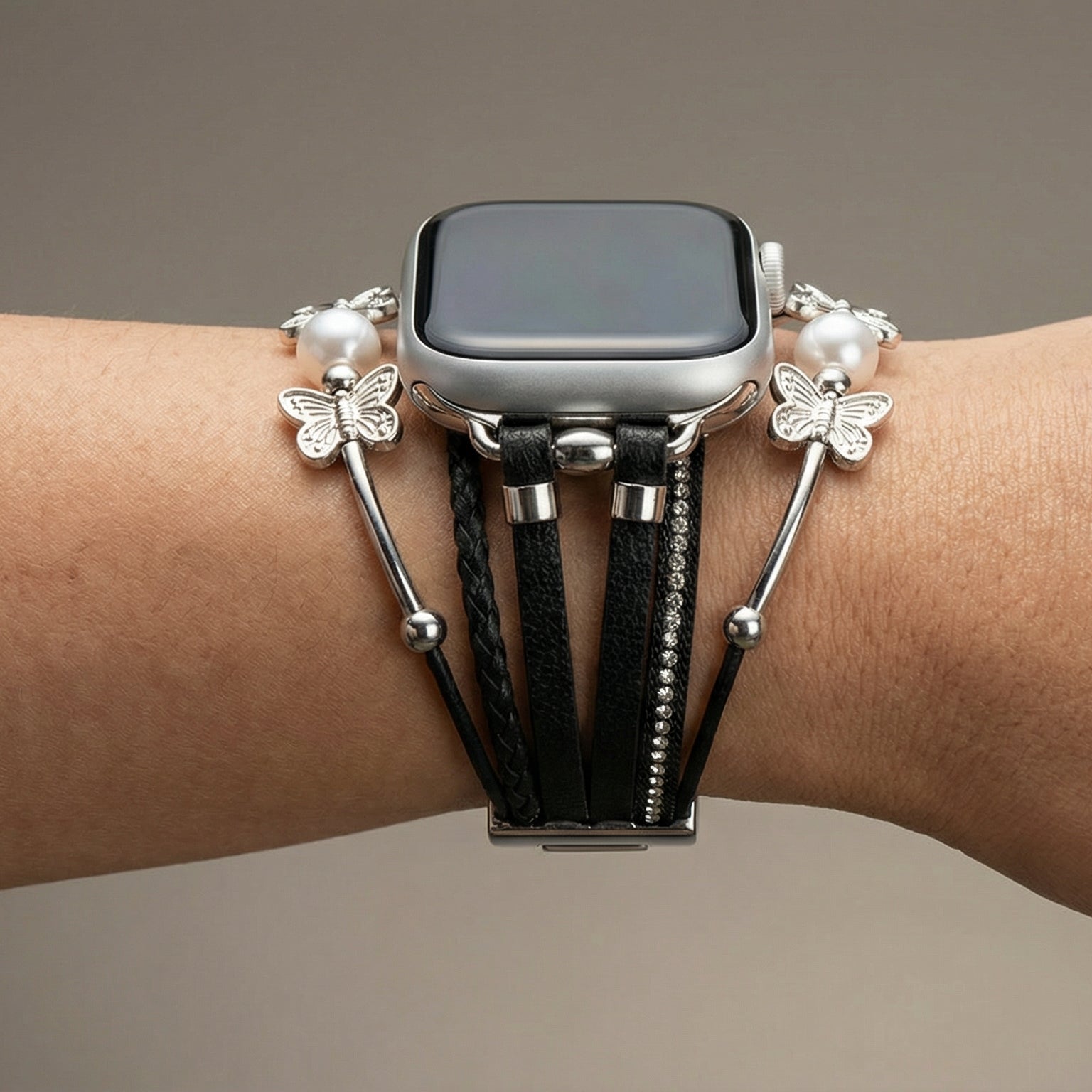 Multi-strand bracelet for Apple Watch, butterfly motif and beads, gold or silver finish, Amonita model