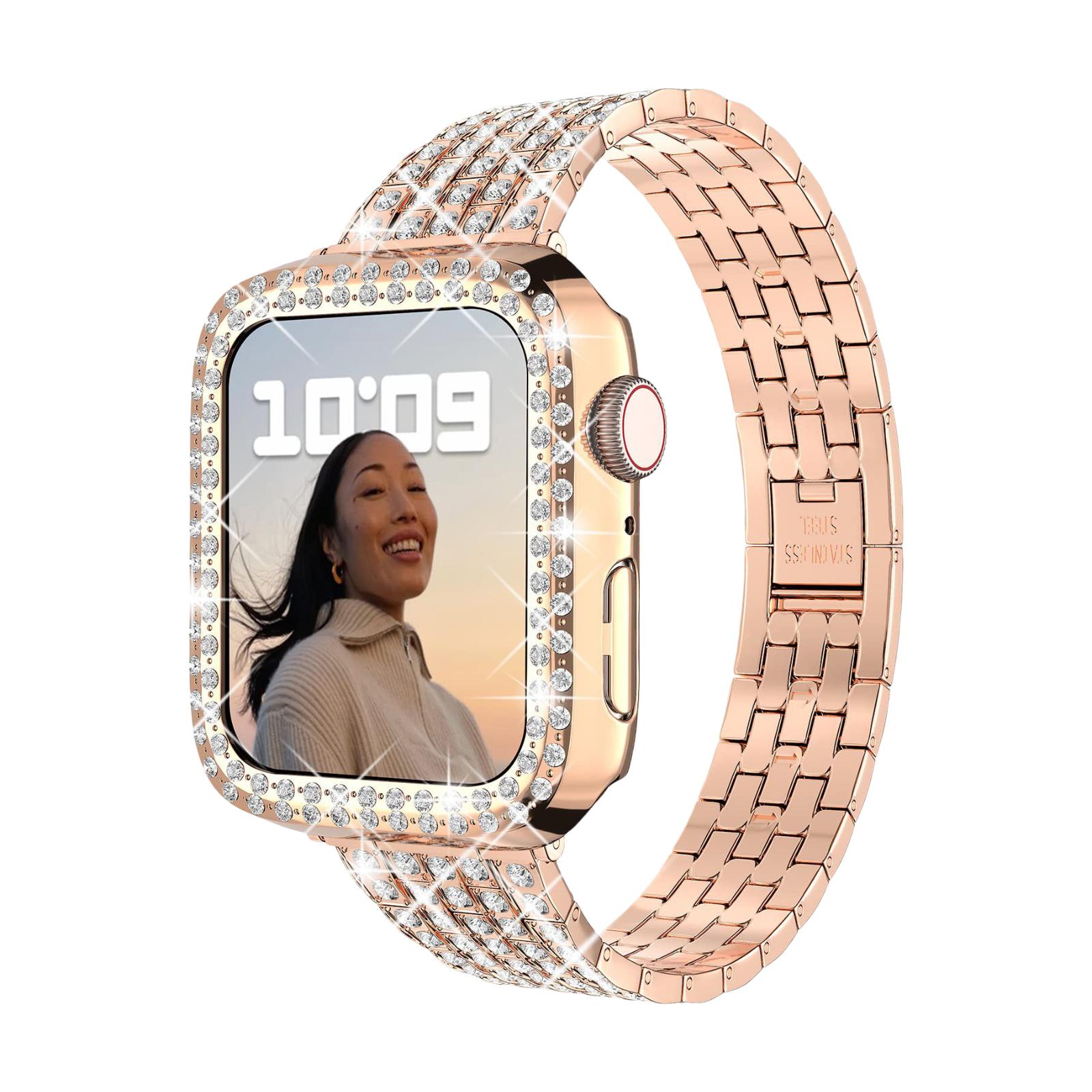 Apple Watch bracelet and case in stainless steel, links set with rhinestones, for women, Fida model