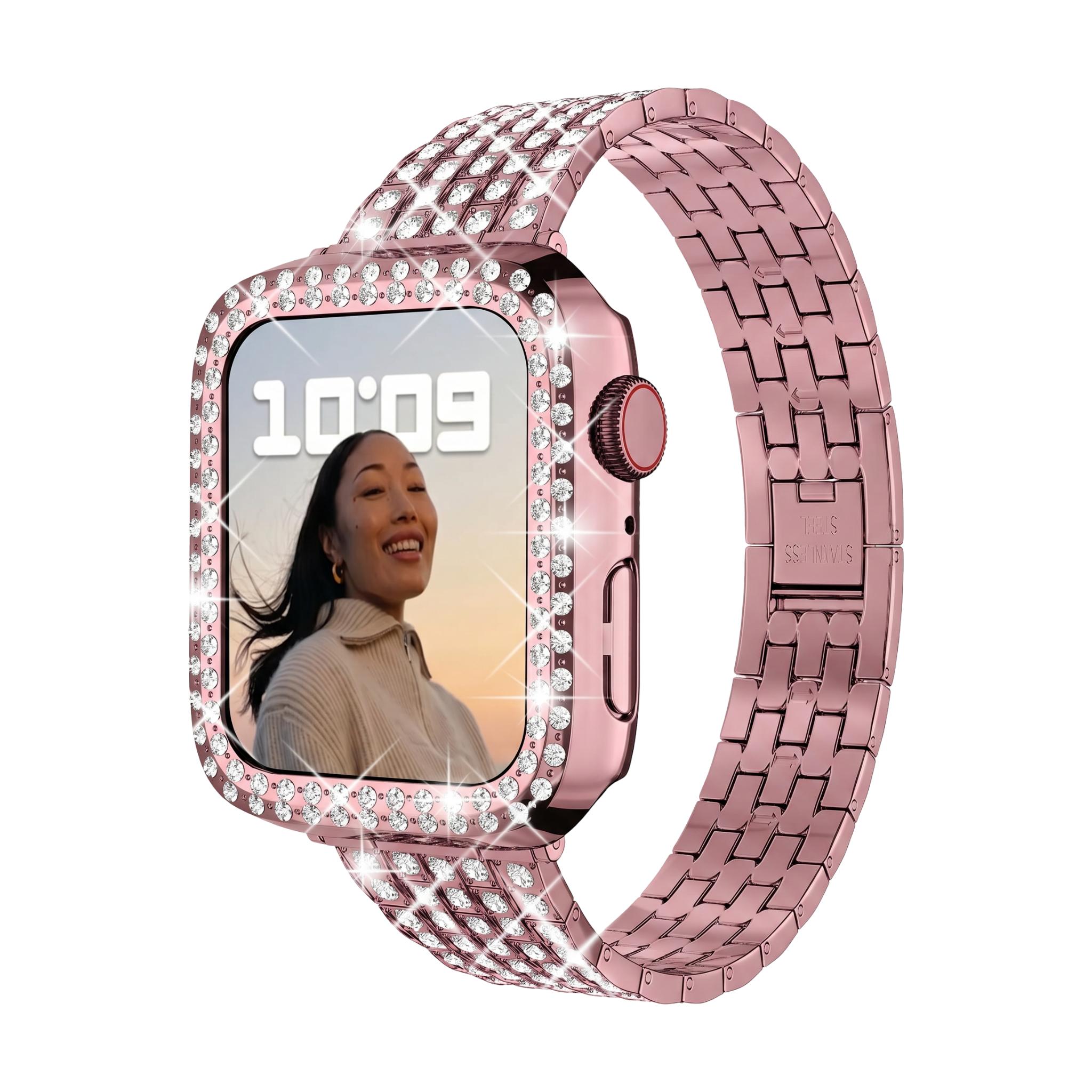 Apple Watch bracelet and case in stainless steel, links set with rhinestones, for women, Fida model