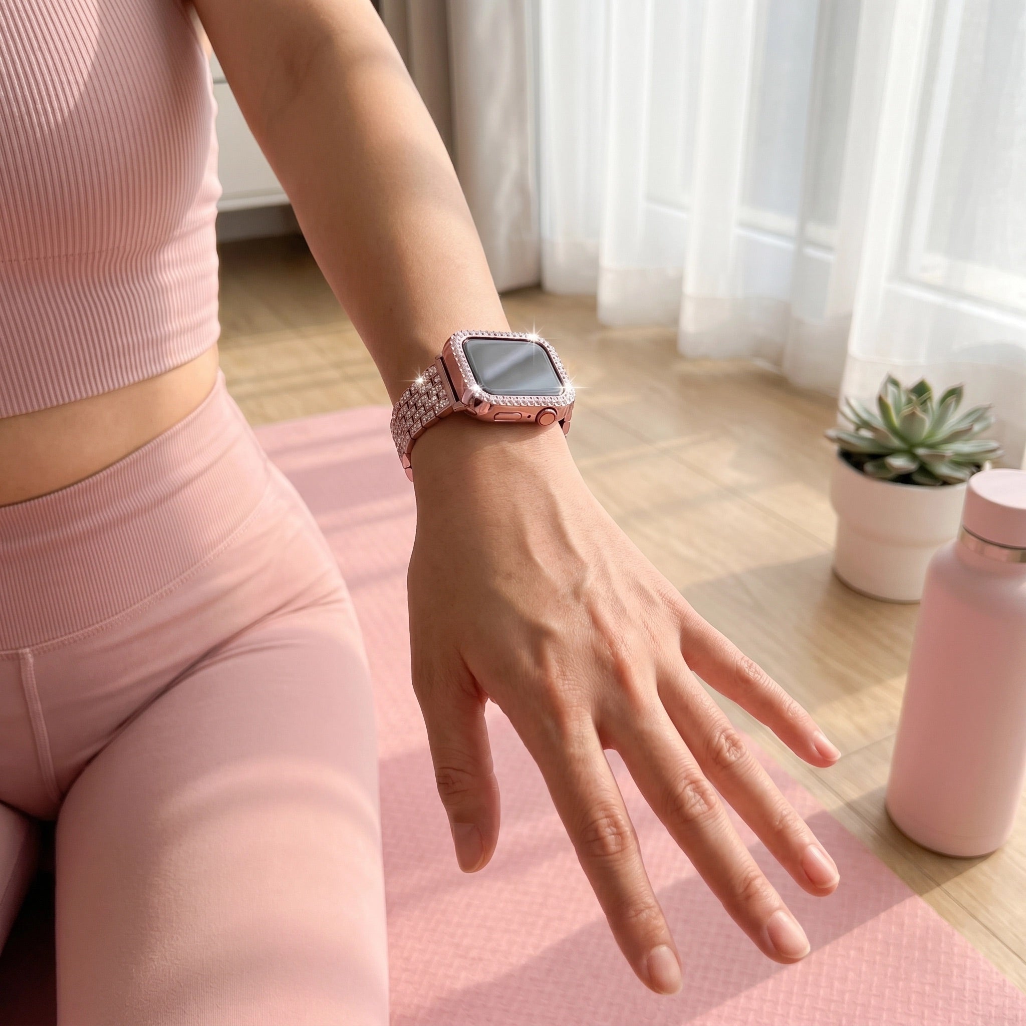 Apple Watch bracelet and case in stainless steel, links set with rhinestones, for women, Fida model